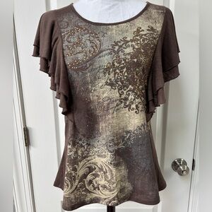 Style & Co Brown Flutter Sleeve Blouse Size M Ruffle Lightweight Feminine Airy